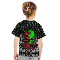 Flaming Skull Kid T Shirt with Green Runes and Norse Symbols Viking Warrior Tribute - Wonder Print Shop