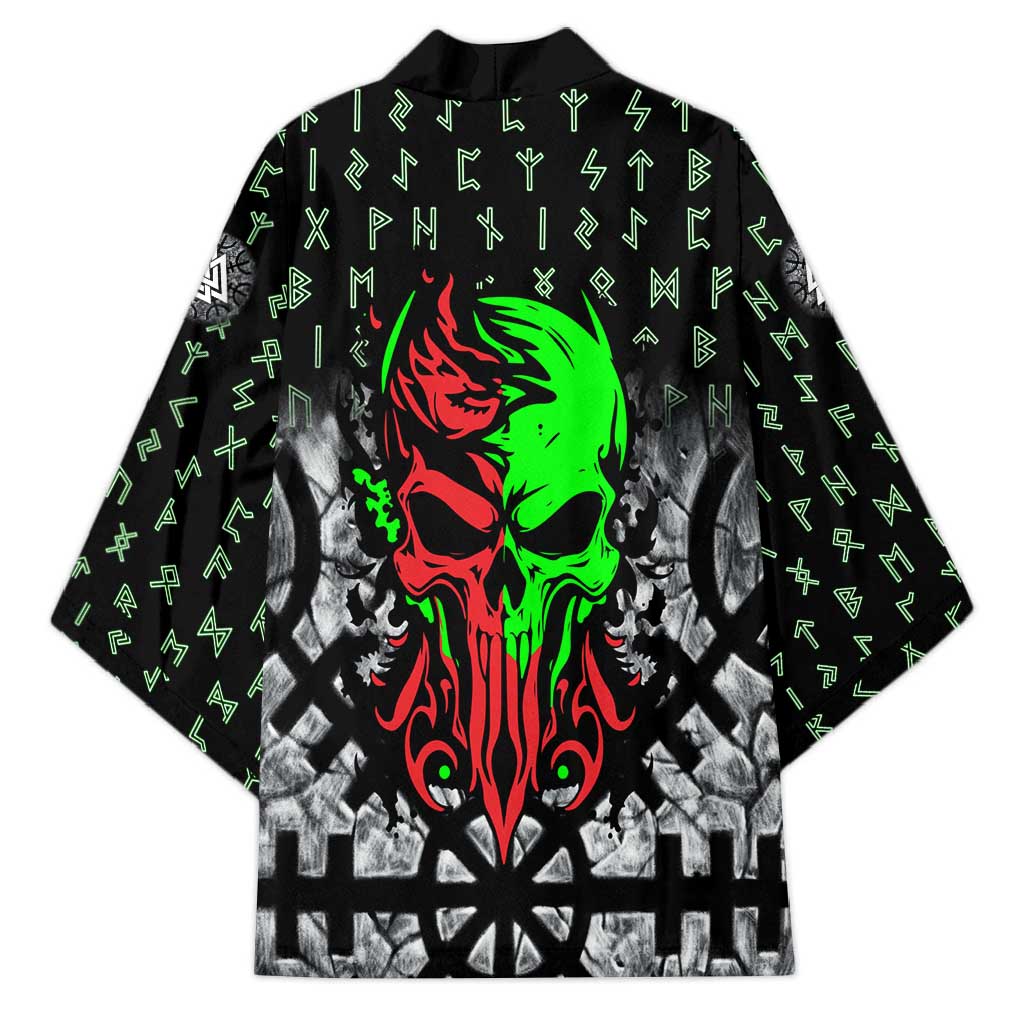 Flaming Skull Kimono with Green Runes and Norse Symbols Viking Warrior Tribute - Wonder Print Shop