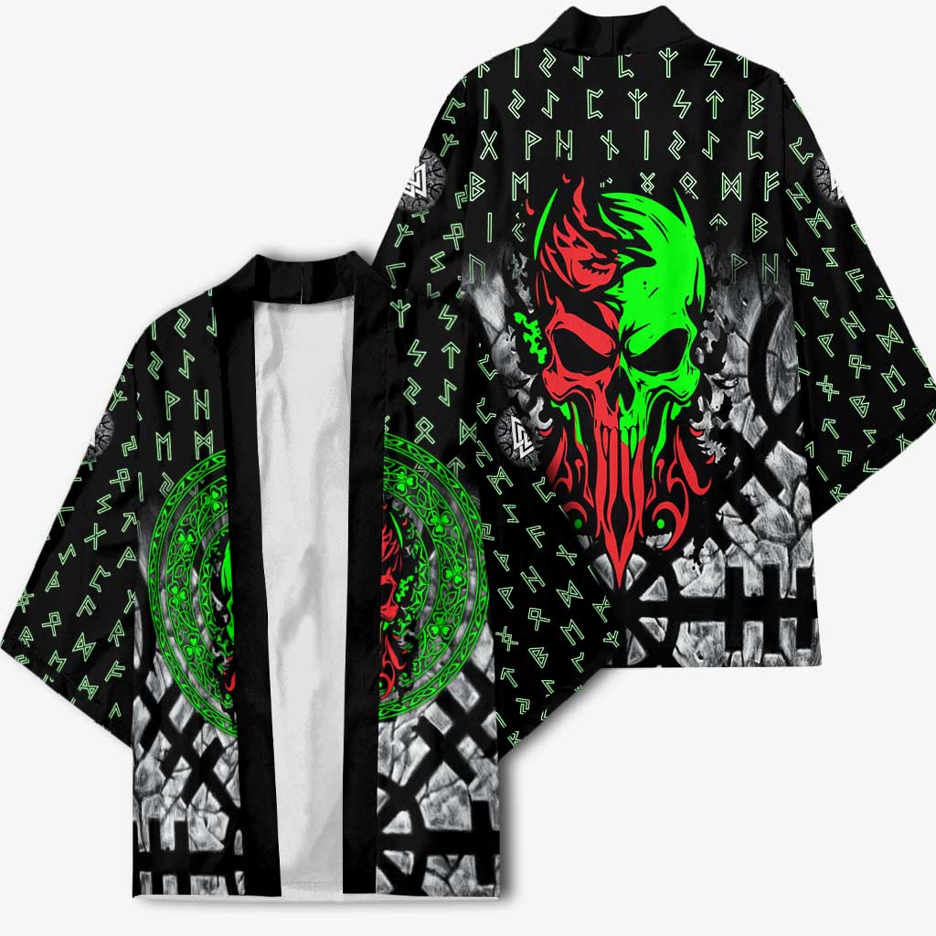 Flaming Skull Kimono with Green Runes and Norse Symbols Viking Warrior Tribute - Wonder Print Shop