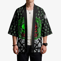 Flaming Skull Kimono with Green Runes and Norse Symbols Viking Warrior Tribute - Wonder Print Shop