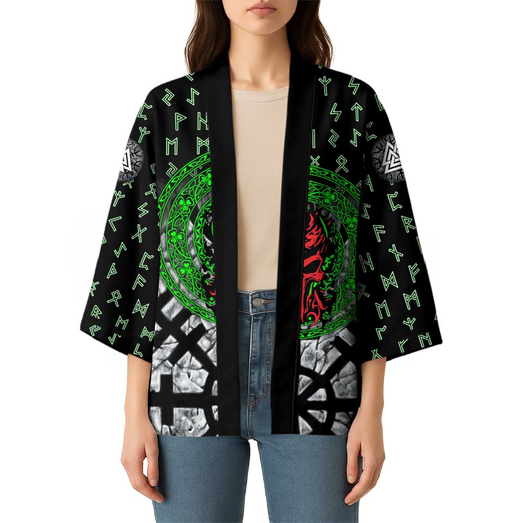 Flaming Skull Kimono with Green Runes and Norse Symbols Viking Warrior Tribute - Wonder Print Shop