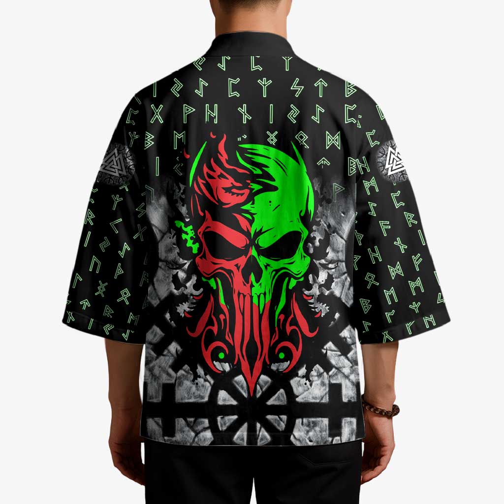 Flaming Skull Kimono with Green Runes and Norse Symbols Viking Warrior Tribute - Wonder Print Shop