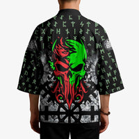 Flaming Skull Kimono with Green Runes and Norse Symbols Viking Warrior Tribute - Wonder Print Shop