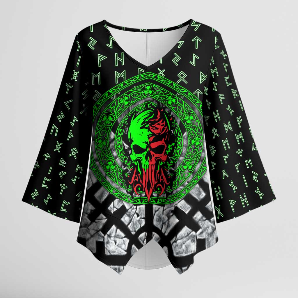 Flaming Skull Kimono Sleeve Blouse with Green Runes and Norse Symbols Viking Warrior Tribute - Wonder Print Shop