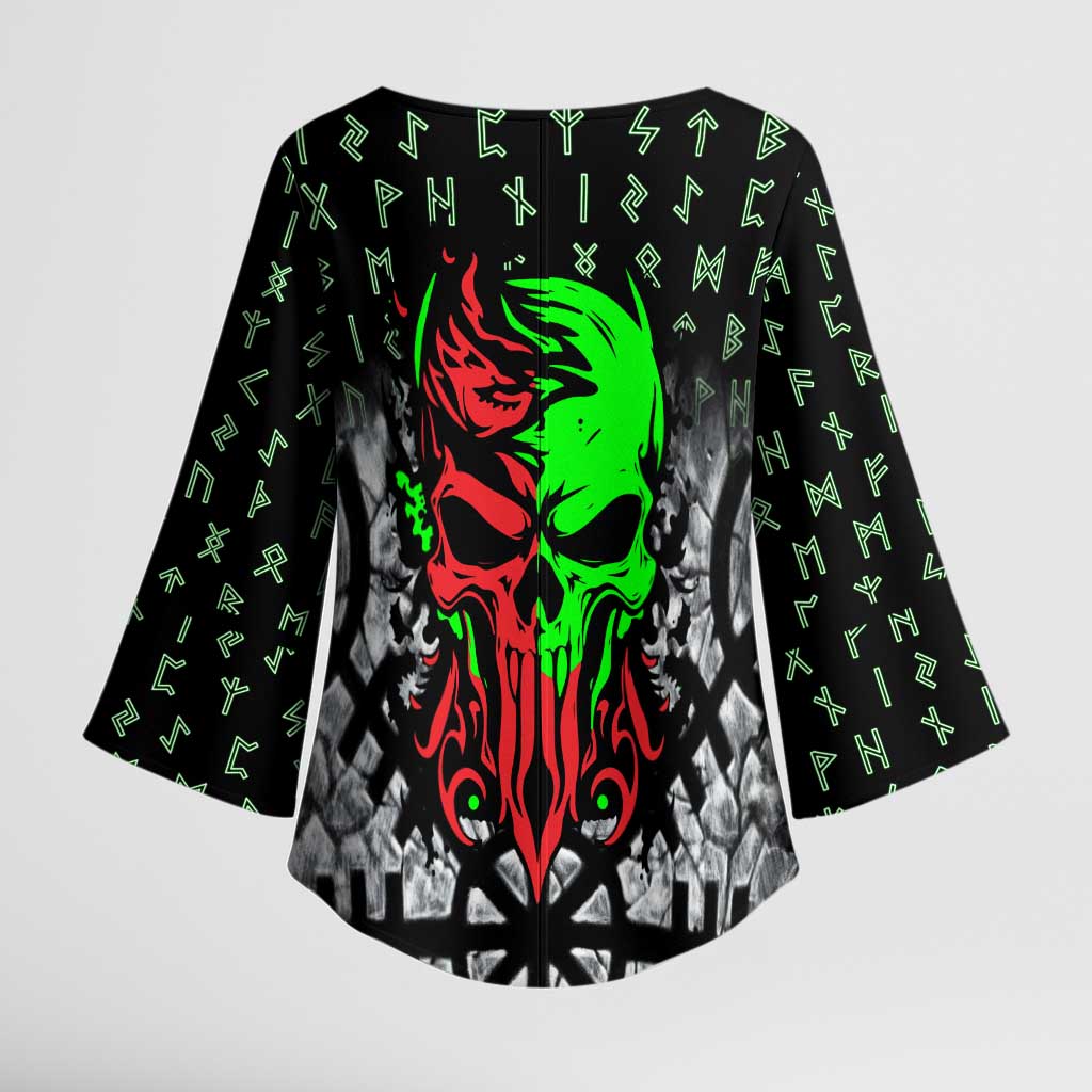Flaming Skull Kimono Sleeve Blouse with Green Runes and Norse Symbols Viking Warrior Tribute - Wonder Print Shop