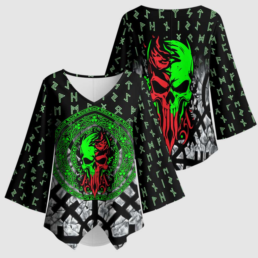 Flaming Skull Kimono Sleeve Blouse with Green Runes and Norse Symbols Viking Warrior Tribute - Wonder Print Shop