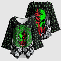 Flaming Skull Kimono Sleeve Blouse with Green Runes and Norse Symbols Viking Warrior Tribute - Wonder Print Shop