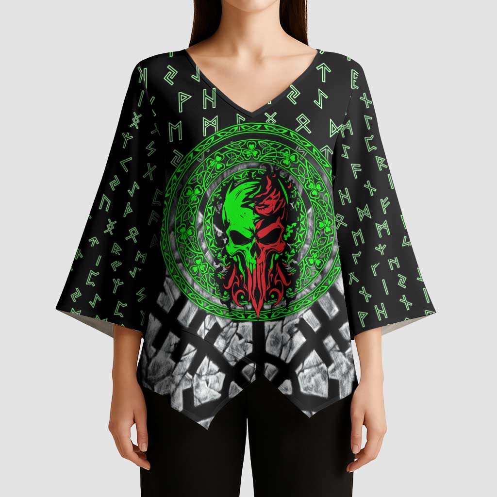 Flaming Skull Kimono Sleeve Blouse with Green Runes and Norse Symbols Viking Warrior Tribute - Wonder Print Shop