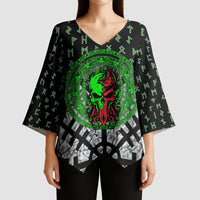 Flaming Skull Kimono Sleeve Blouse with Green Runes and Norse Symbols Viking Warrior Tribute - Wonder Print Shop