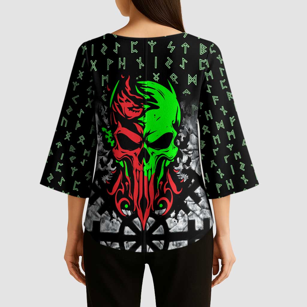 Flaming Skull Kimono Sleeve Blouse with Green Runes and Norse Symbols Viking Warrior Tribute - Wonder Print Shop