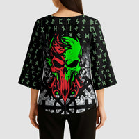 Flaming Skull Kimono Sleeve Blouse with Green Runes and Norse Symbols Viking Warrior Tribute - Wonder Print Shop