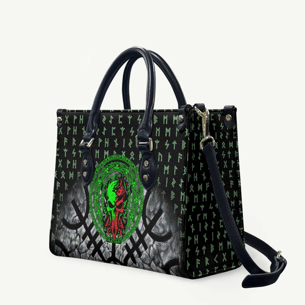 Flaming Skull Leather Bag with Green Runes and Norse Symbols Viking Warrior Tribute - Wonder Print Shop