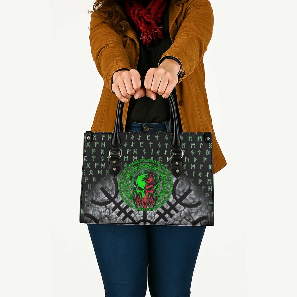 Flaming Skull Leather Bag with Green Runes and Norse Symbols Viking Warrior Tribute - Wonder Print Shop