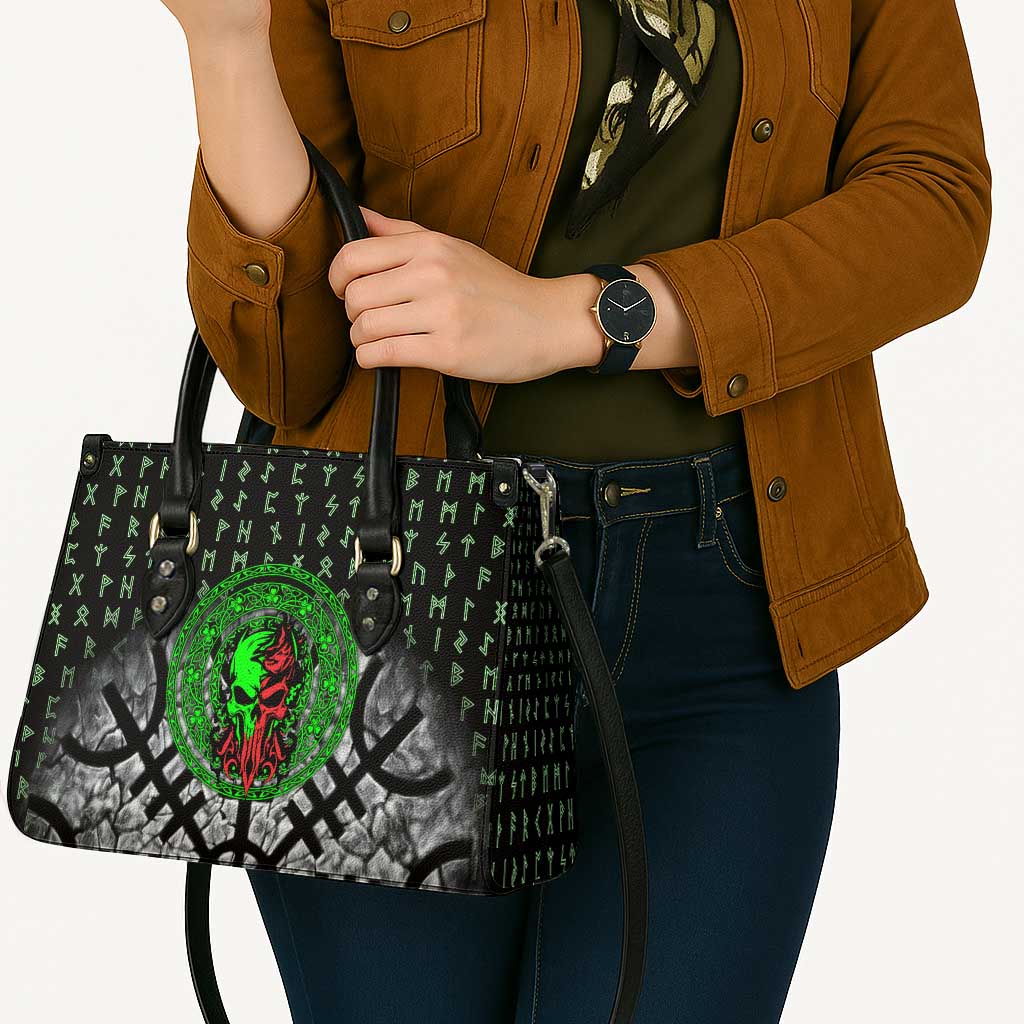 Flaming Skull Leather Bag with Green Runes and Norse Symbols Viking Warrior Tribute - Wonder Print Shop