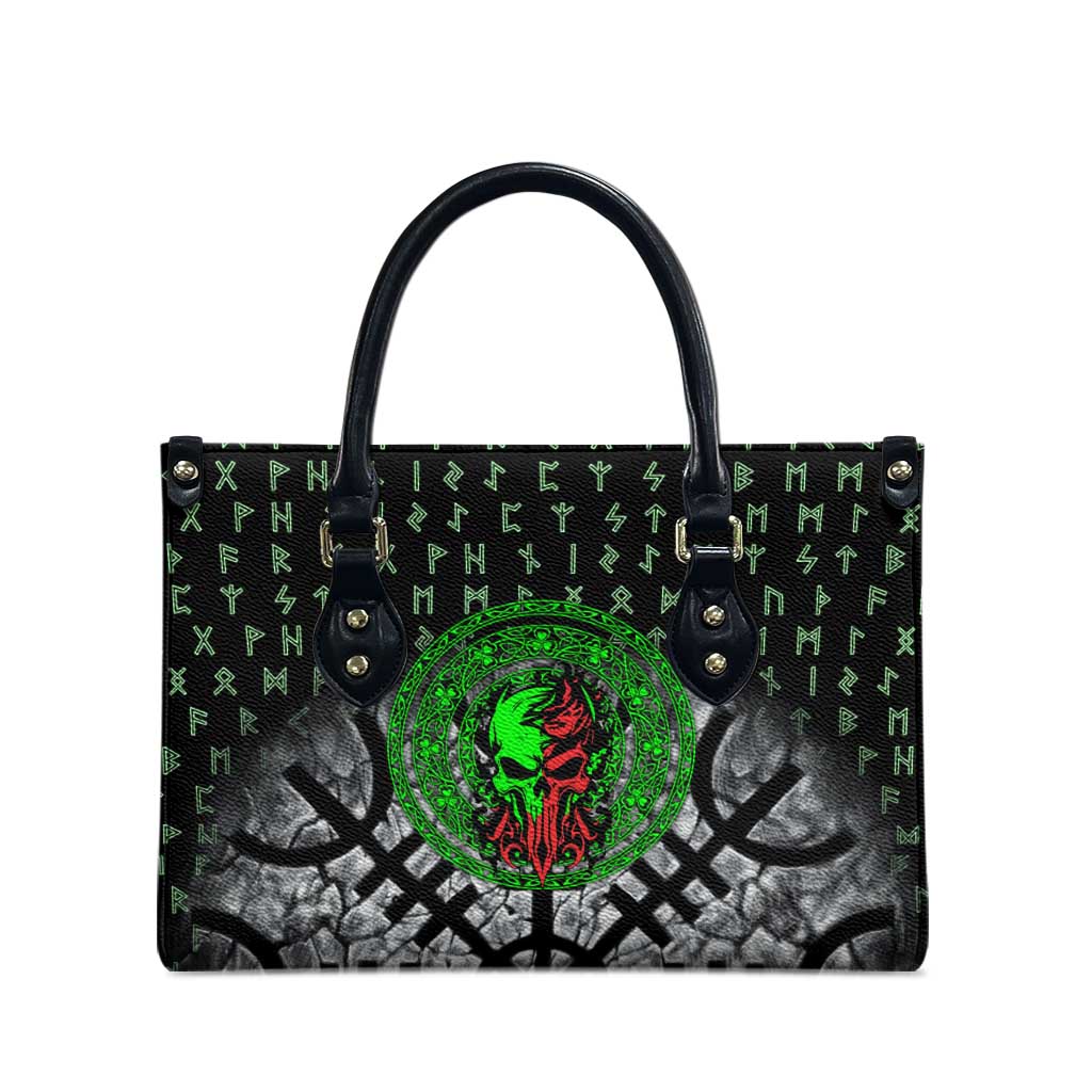 Flaming Skull Leather Bag with Green Runes and Norse Symbols Viking Warrior Tribute - Wonder Print Shop