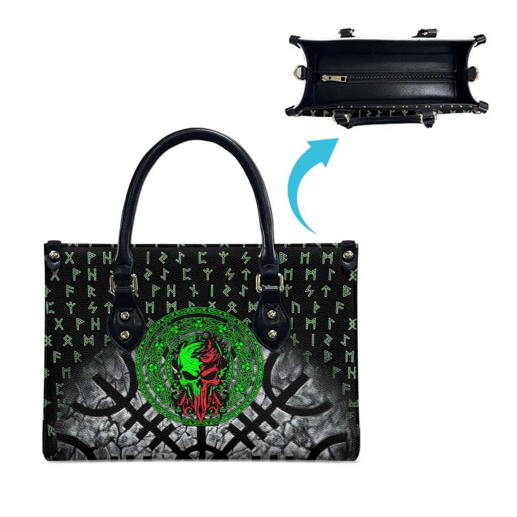Flaming Skull Leather Bag with Green Runes and Norse Symbols Viking Warrior Tribute - Wonder Print Shop