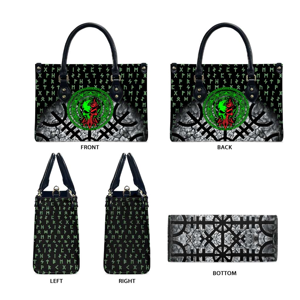 Flaming Skull Leather Bag with Green Runes and Norse Symbols Viking Warrior Tribute - Wonder Print Shop