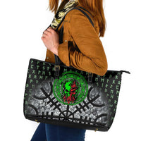 Flaming Skull Leather Tote Bag with Green Runes and Norse Symbols Viking Warrior Tribute - Wonder Print Shop