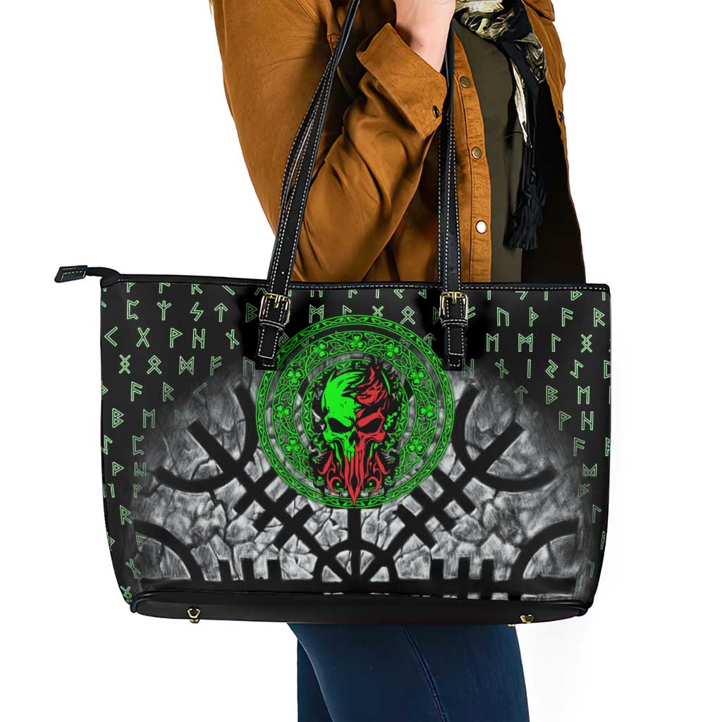 Flaming Skull Leather Tote Bag with Green Runes and Norse Symbols Viking Warrior Tribute - Wonder Print Shop