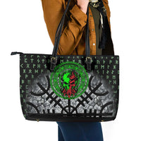Flaming Skull Leather Tote Bag with Green Runes and Norse Symbols Viking Warrior Tribute - Wonder Print Shop