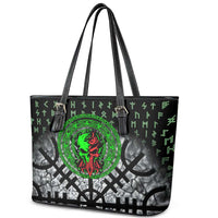 Flaming Skull Leather Tote Bag with Green Runes and Norse Symbols Viking Warrior Tribute - Wonder Print Shop