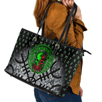 Flaming Skull Leather Tote Bag with Green Runes and Norse Symbols Viking Warrior Tribute - Wonder Print Shop