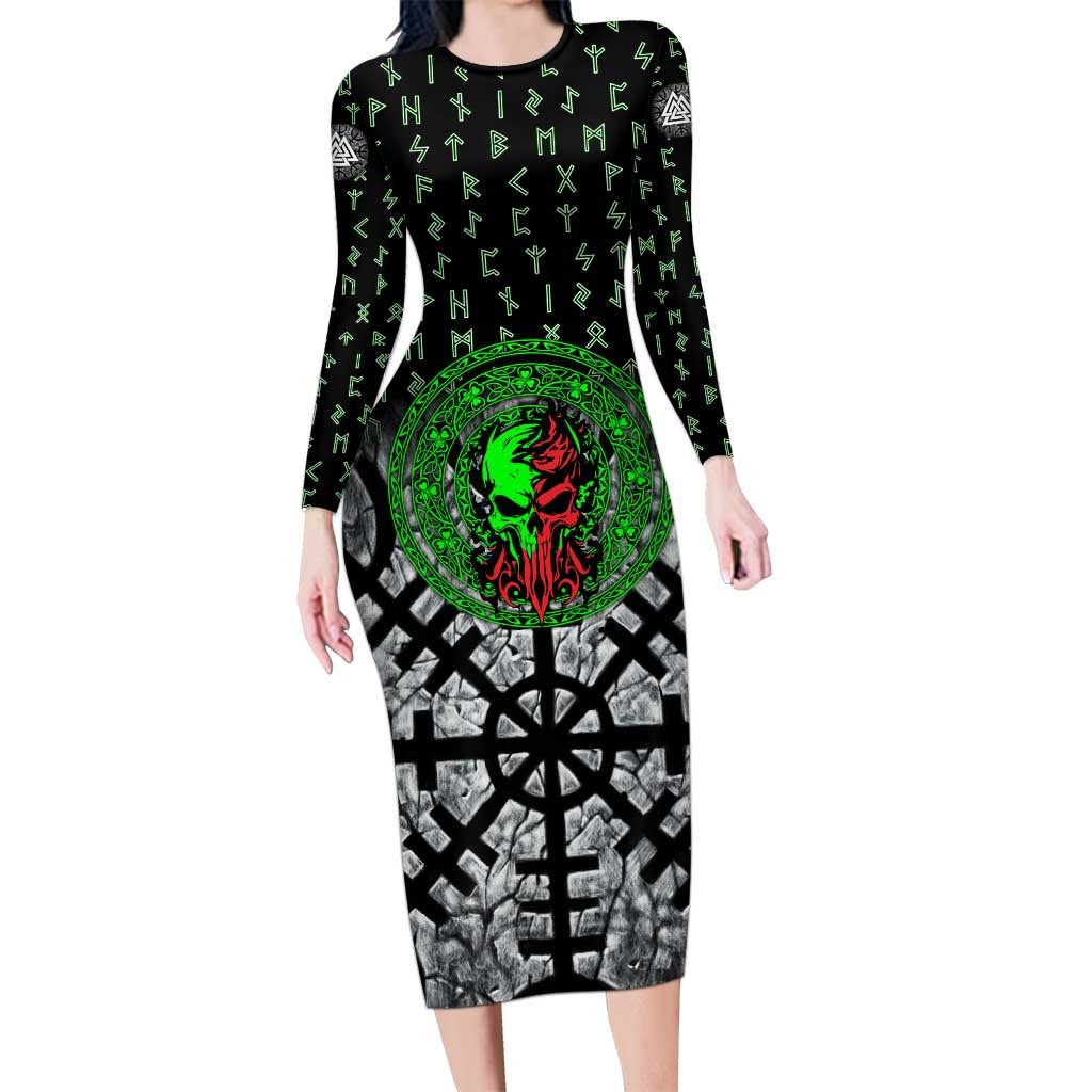 Flaming Skull Long Sleeve Bodycon Dress with Green Runes and Norse Symbols Viking Warrior Tribute - Wonder Print Shop