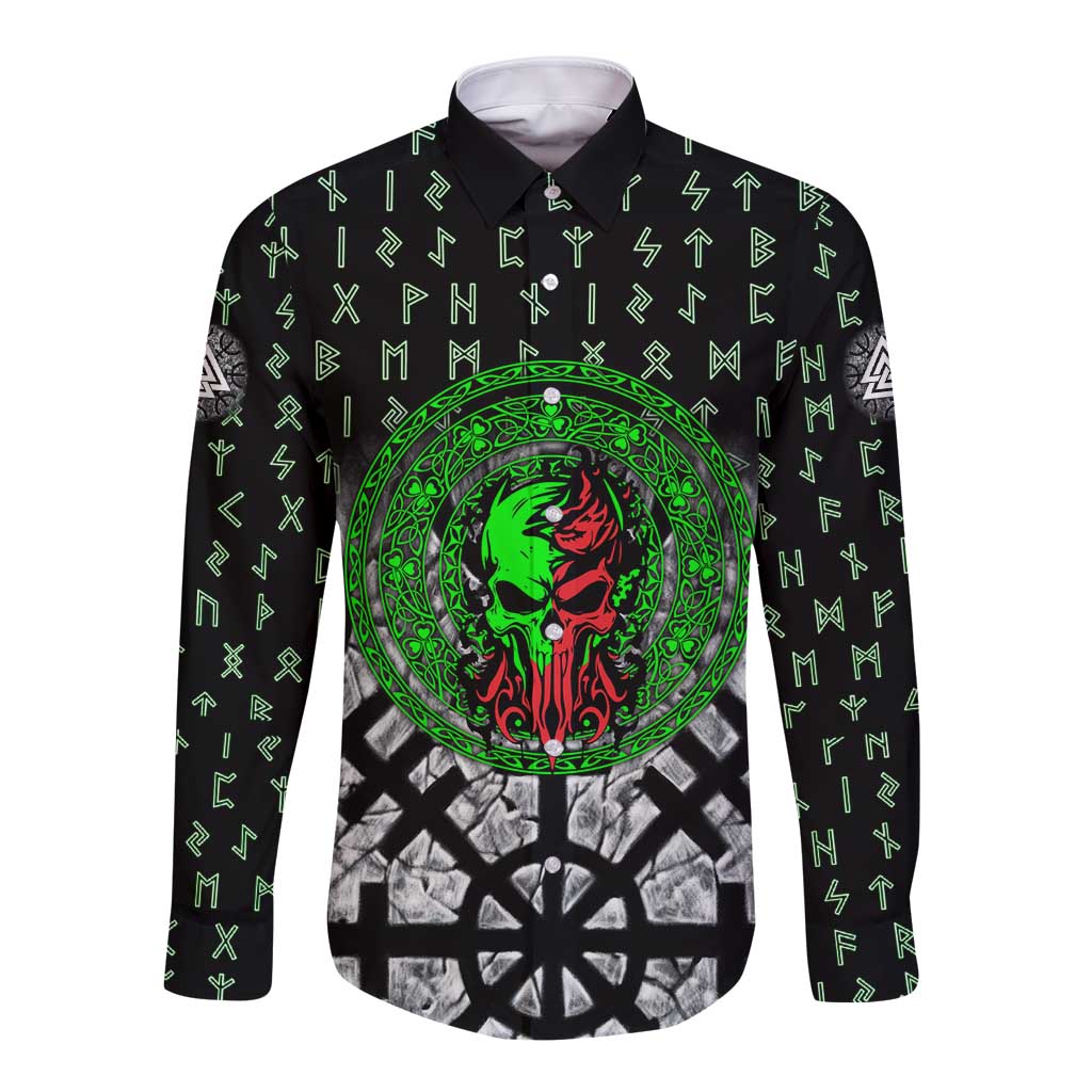 Flaming Skull Long Sleeve Button Shirt with Green Runes and Norse Symbols Viking Warrior Tribute - Wonder Print Shop