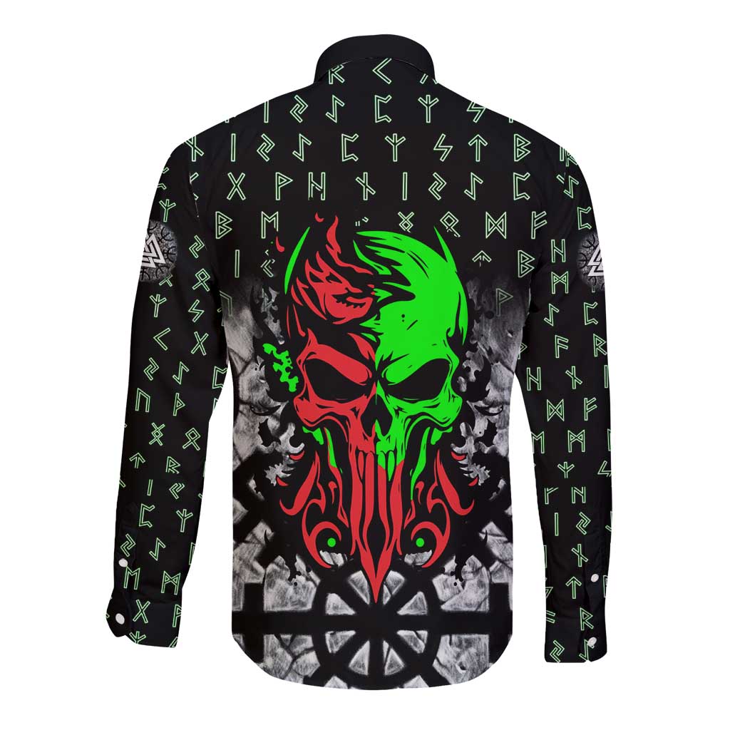 Flaming Skull Long Sleeve Button Shirt with Green Runes and Norse Symbols Viking Warrior Tribute - Wonder Print Shop