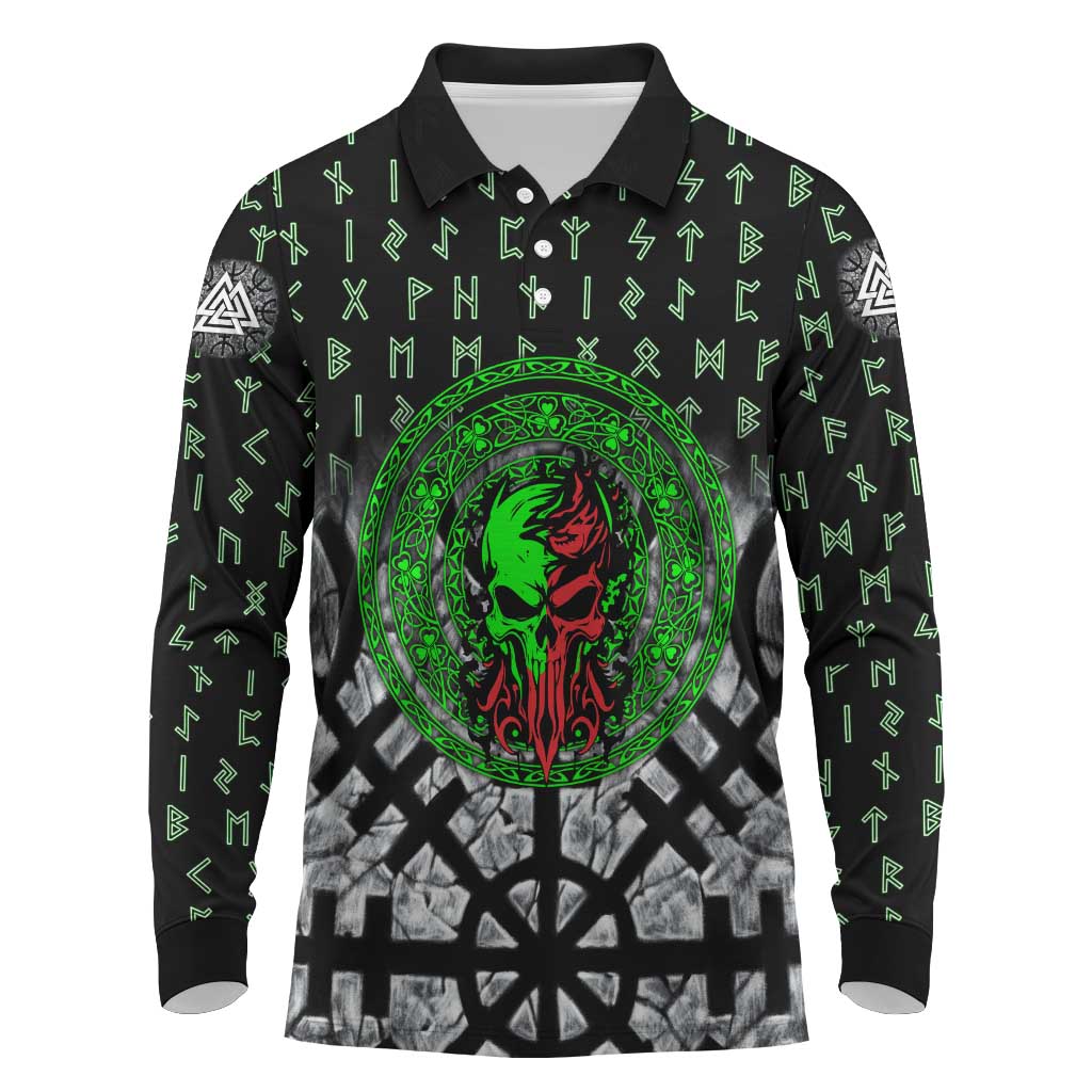 Flaming Skull Long Sleeve Polo Shirt with Green Runes and Norse Symbols Viking Warrior Tribute - Wonder Print Shop