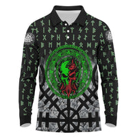 Flaming Skull Long Sleeve Polo Shirt with Green Runes and Norse Symbols Viking Warrior Tribute - Wonder Print Shop