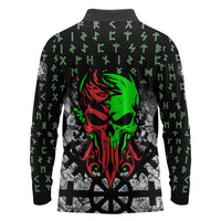 Flaming Skull Long Sleeve Polo Shirt with Green Runes and Norse Symbols Viking Warrior Tribute - Wonder Print Shop