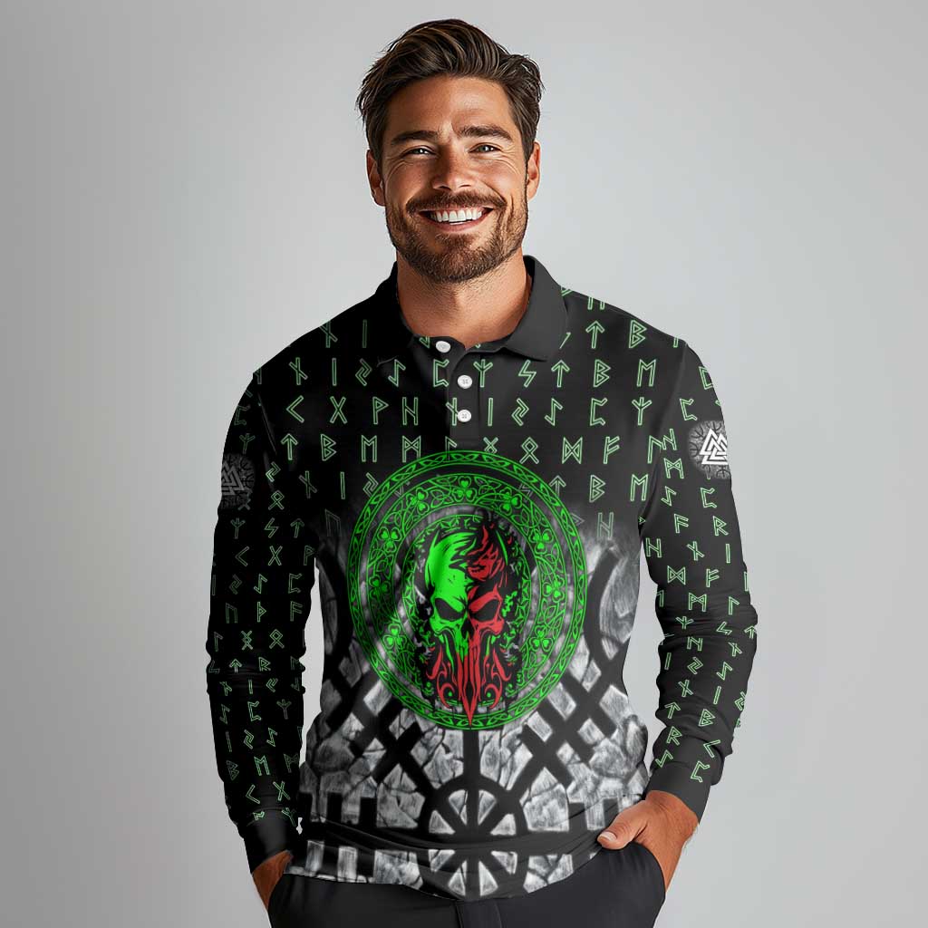 Flaming Skull Long Sleeve Polo Shirt with Green Runes and Norse Symbols Viking Warrior Tribute - Wonder Print Shop