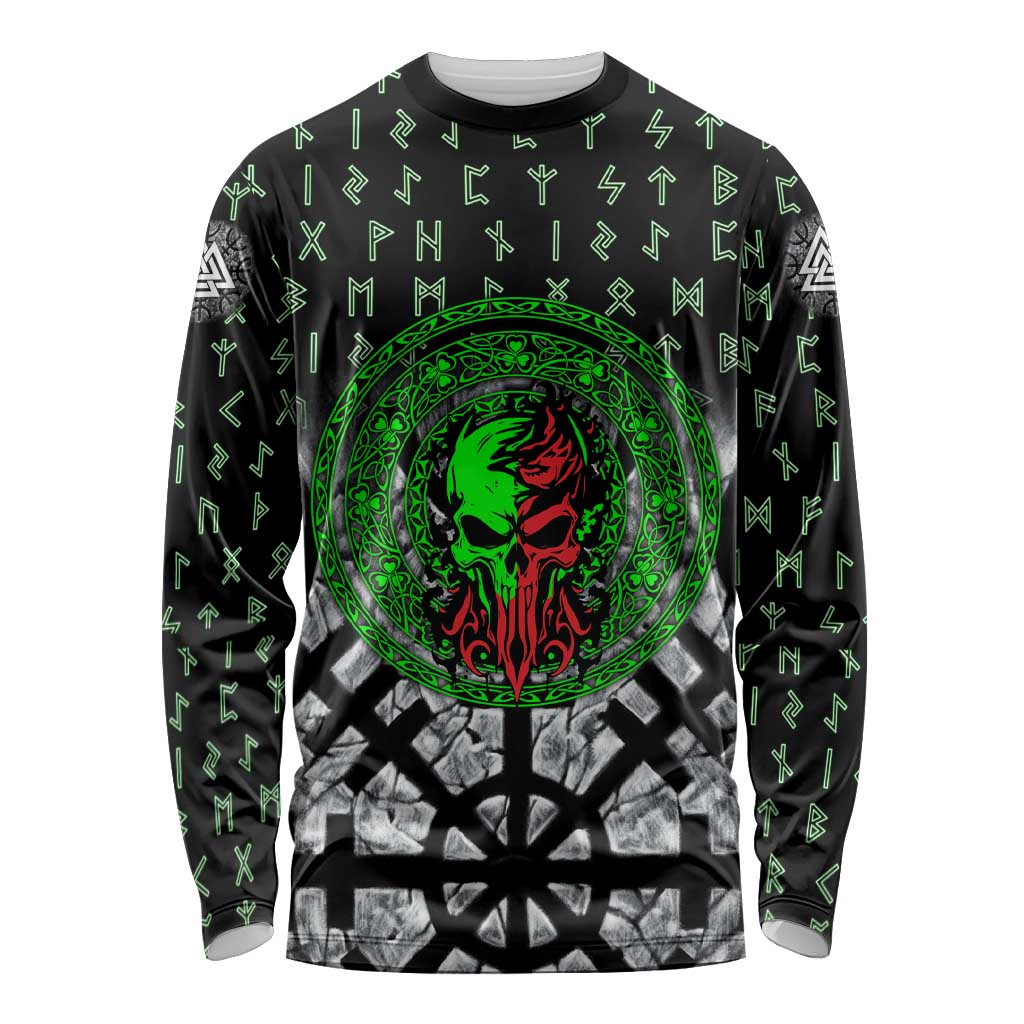 Flaming Skull Long Sleeve Shirt with Green Runes and Norse Symbols Viking Warrior Tribute - Wonder Print Shop