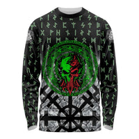 Flaming Skull Long Sleeve Shirt with Green Runes and Norse Symbols Viking Warrior Tribute - Wonder Print Shop