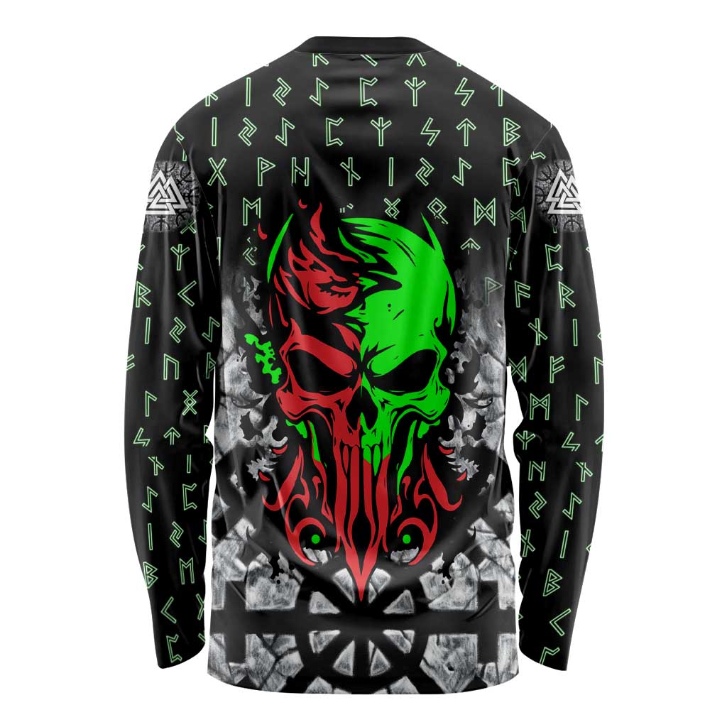 Flaming Skull Long Sleeve Shirt with Green Runes and Norse Symbols Viking Warrior Tribute - Wonder Print Shop