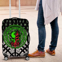 Flaming Skull Luggage Cover with Green Runes and Norse Symbols Viking Warrior Tribute - Wonder Print Shop