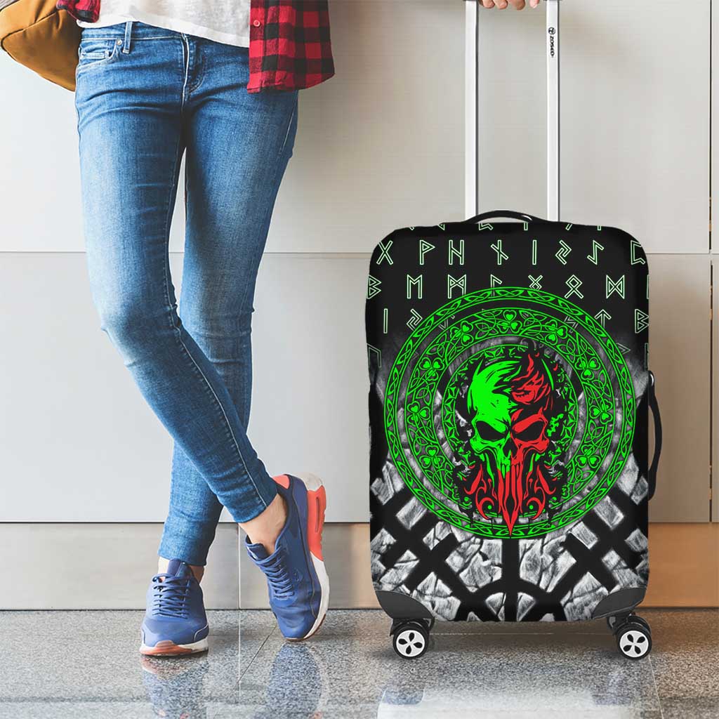 Flaming Skull Luggage Cover with Green Runes and Norse Symbols Viking Warrior Tribute - Wonder Print Shop