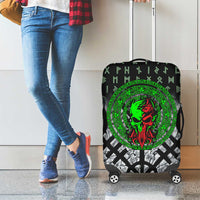 Flaming Skull Luggage Cover with Green Runes and Norse Symbols Viking Warrior Tribute - Wonder Print Shop