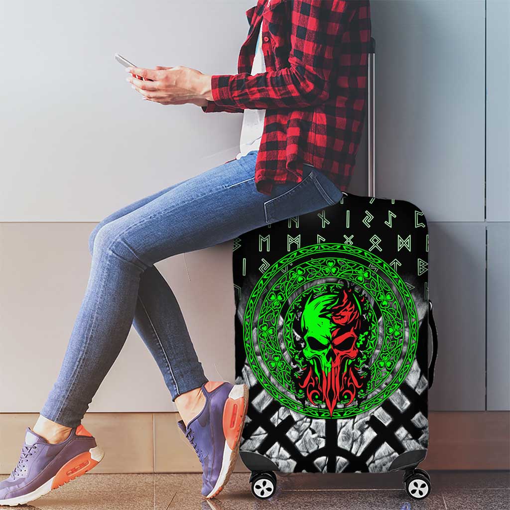 Flaming Skull Luggage Cover with Green Runes and Norse Symbols Viking Warrior Tribute - Wonder Print Shop