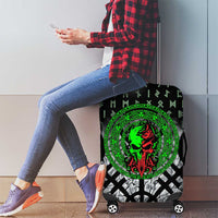 Flaming Skull Luggage Cover with Green Runes and Norse Symbols Viking Warrior Tribute - Wonder Print Shop
