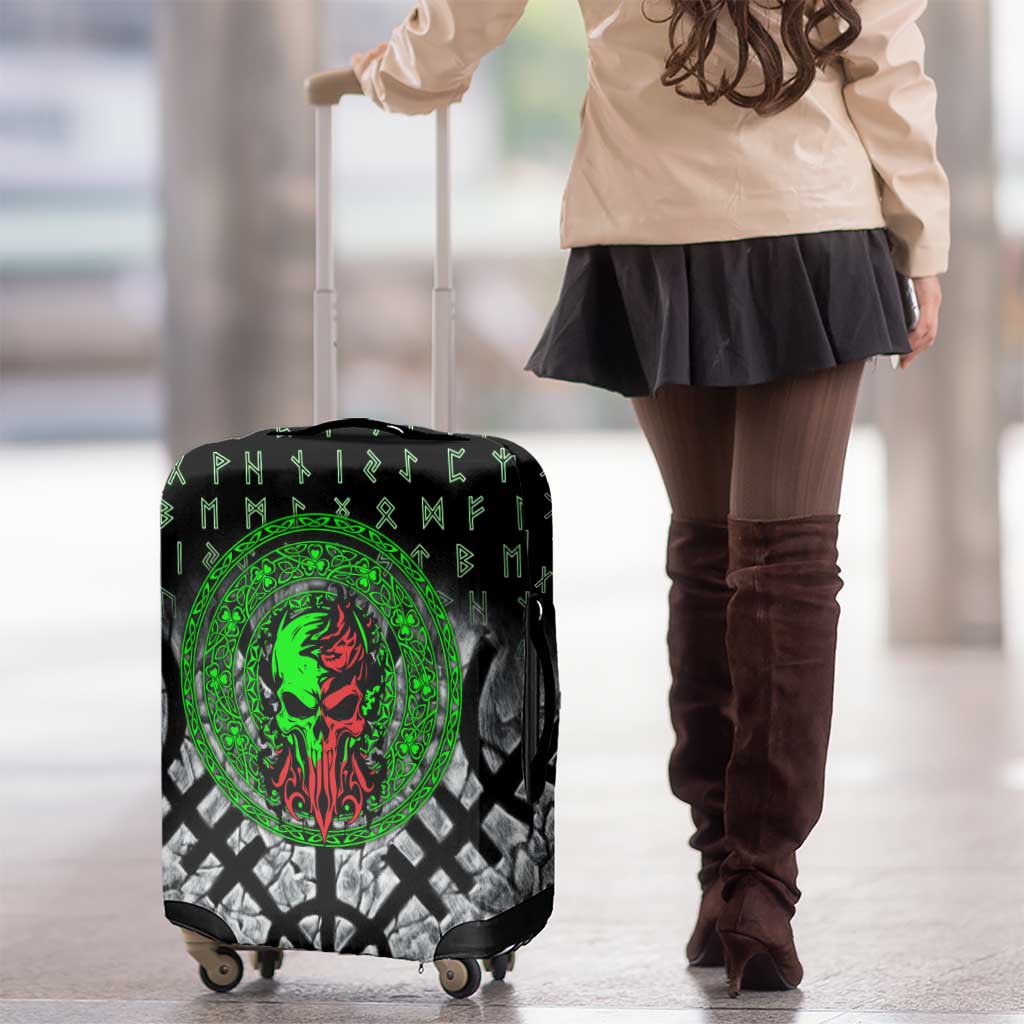 Flaming Skull Luggage Cover with Green Runes and Norse Symbols Viking Warrior Tribute - Wonder Print Shop