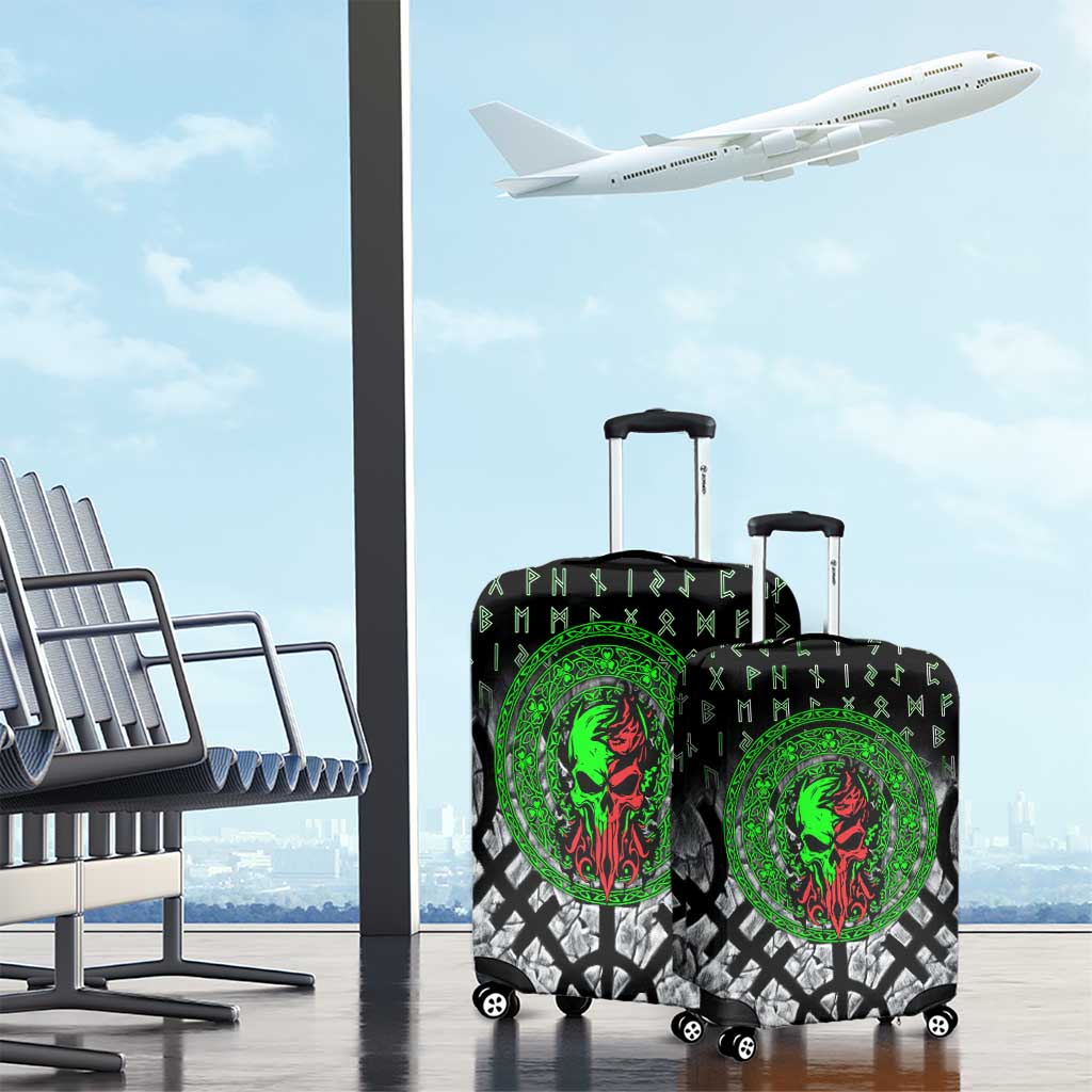 Flaming Skull Luggage Cover with Green Runes and Norse Symbols Viking Warrior Tribute - Wonder Print Shop