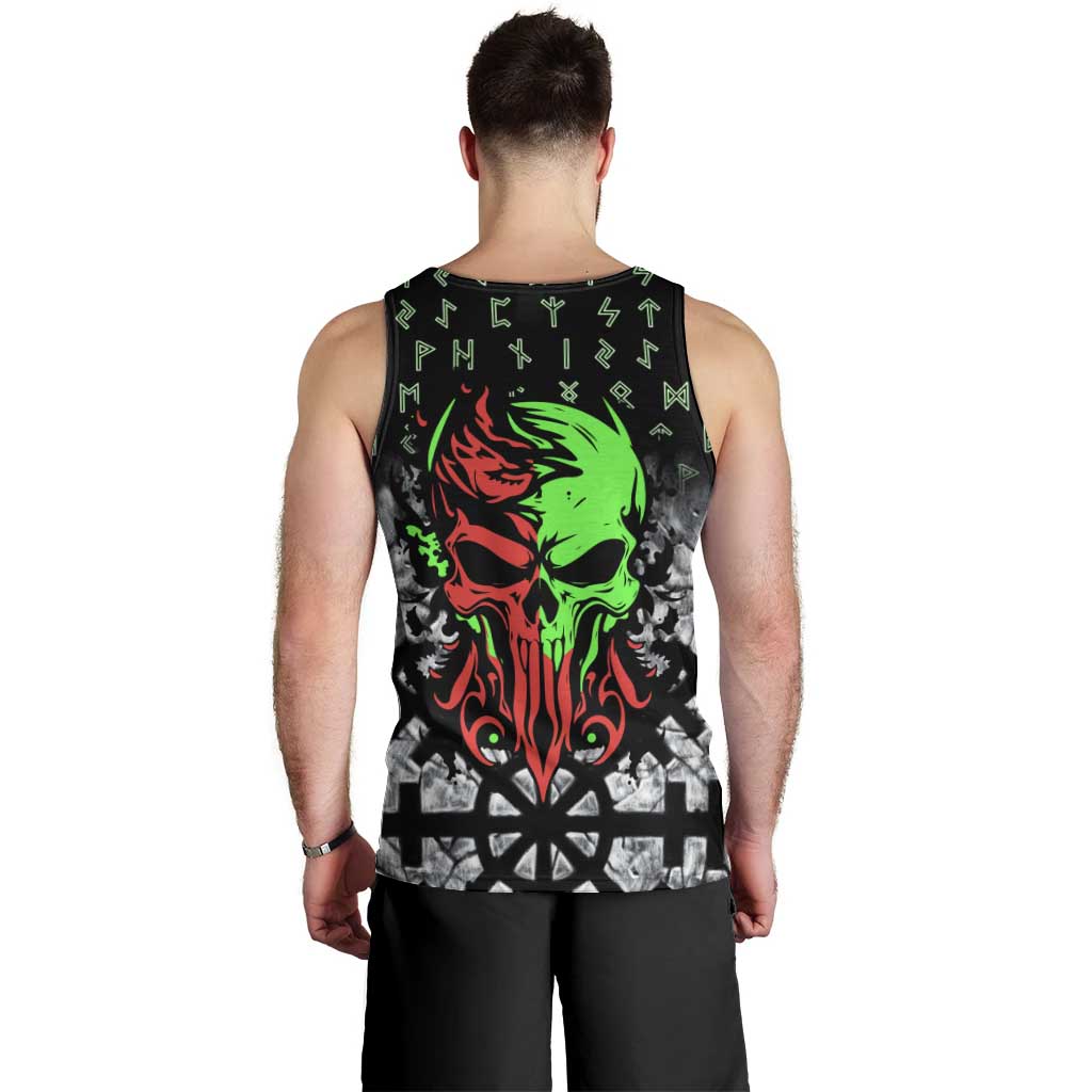 Flaming Skull Men Tank Top with Green Runes and Norse Symbols Viking Warrior Tribute - Wonder Print Shop