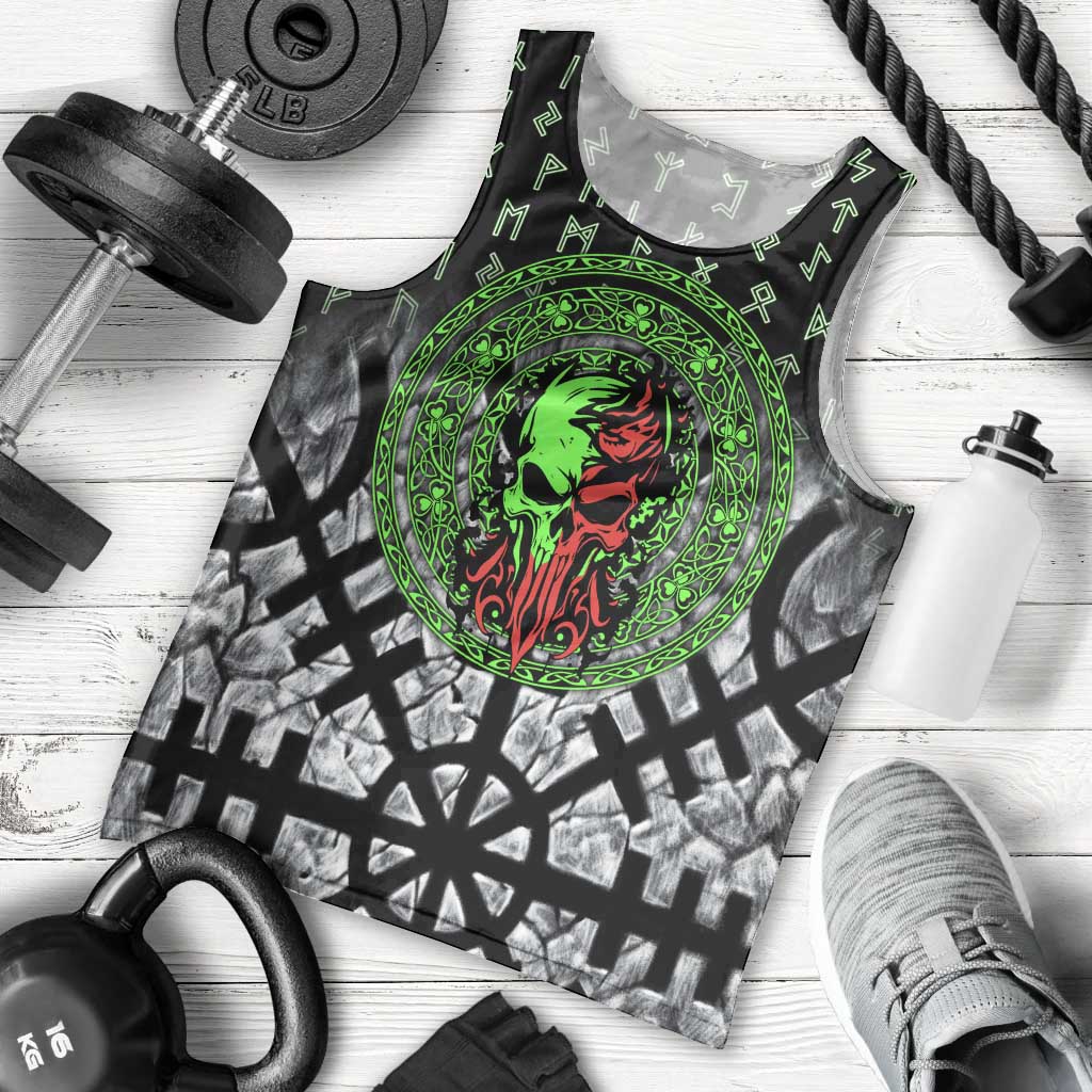 Flaming Skull Men Tank Top with Green Runes and Norse Symbols Viking Warrior Tribute - Wonder Print Shop