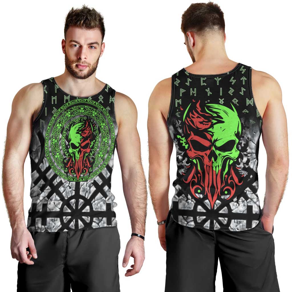 Flaming Skull Men Tank Top with Green Runes and Norse Symbols Viking Warrior Tribute - Wonder Print Shop