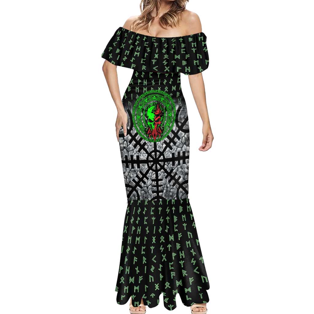 Flaming Skull Mermaid Dress with Green Runes and Norse Symbols Viking Warrior Tribute - Wonder Print Shop