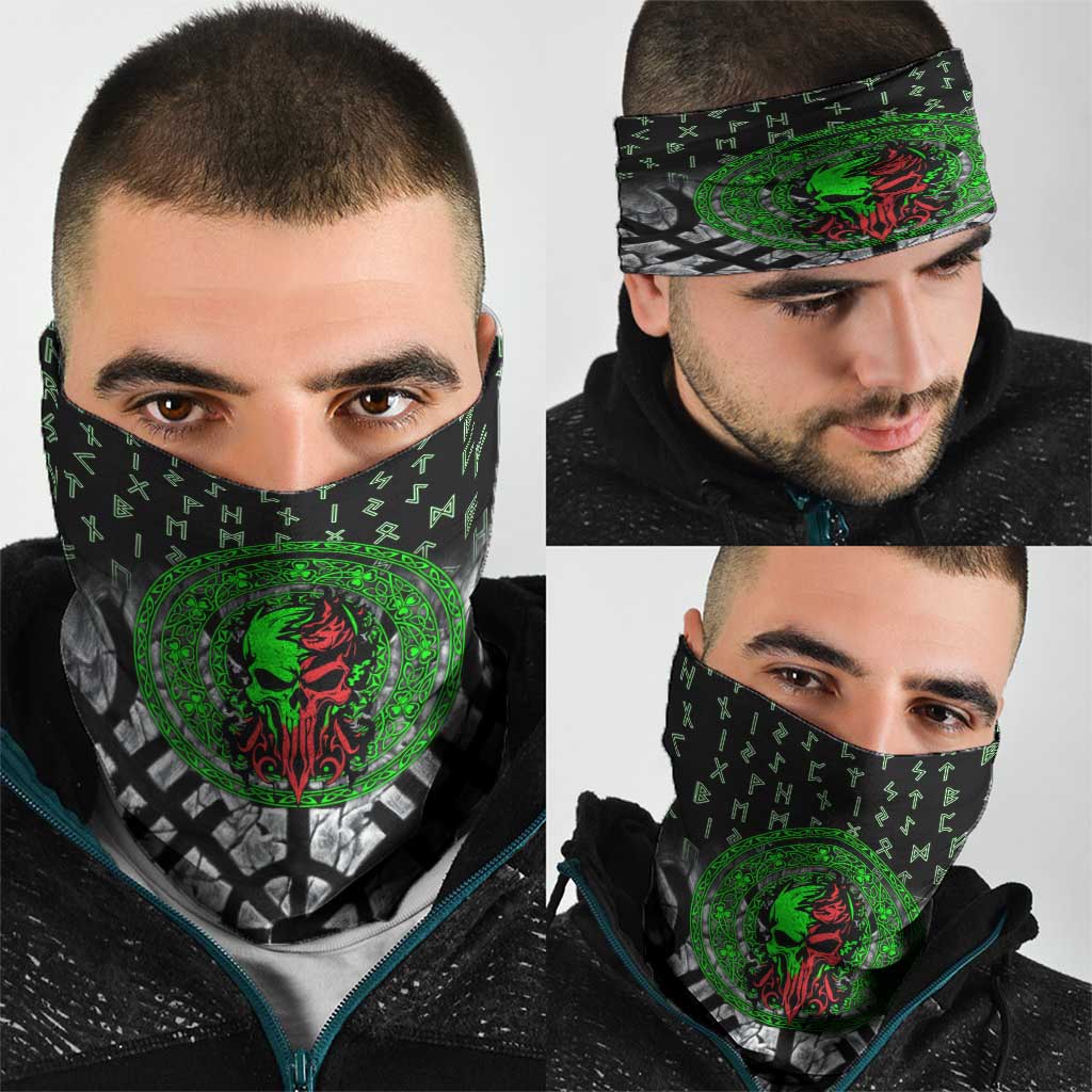 Flaming Skull Neck Gaiter with Green Runes and Norse Symbols Viking Warrior Tribute - Wonder Print Shop
