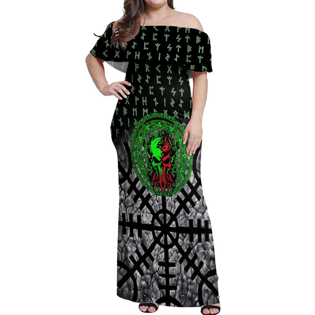 Flaming Skull Off Shoulder Maxi Dress with Green Runes and Norse Symbols Viking Warrior Tribute - Wonder Print Shop