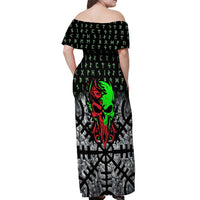 Flaming Skull Off Shoulder Maxi Dress with Green Runes and Norse Symbols Viking Warrior Tribute - Wonder Print Shop